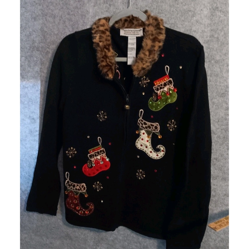 VTG Tiara International Sz L Zip Up Christmas Sweater w/ Fur Collar Holiday EUC